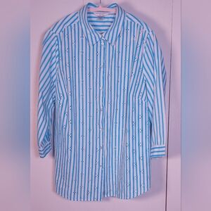 Allison Daley Stripes Eyelet Button Front Blouse Size 18 Shirt 100% Cotton Boho